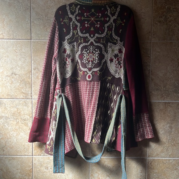 Anthropologie Sparrow Patchwork Jacquard Sweater Coat Belted Cardigan Pockets - Picture 13 of 15